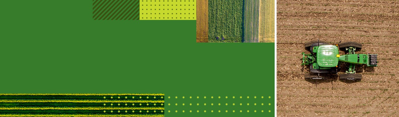 Un collage de photographies aériennes de champs avec un tracteur John Deere sur le côté droit