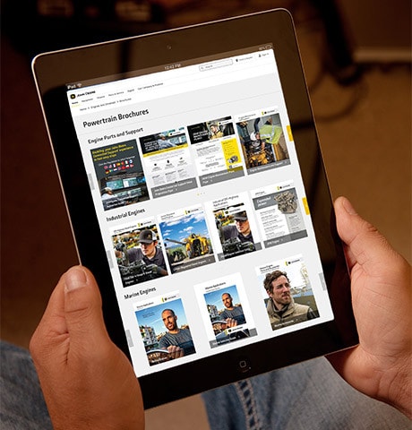 Page Web des brochures sur les groupes motopropulseurs John Deere sur un iPad