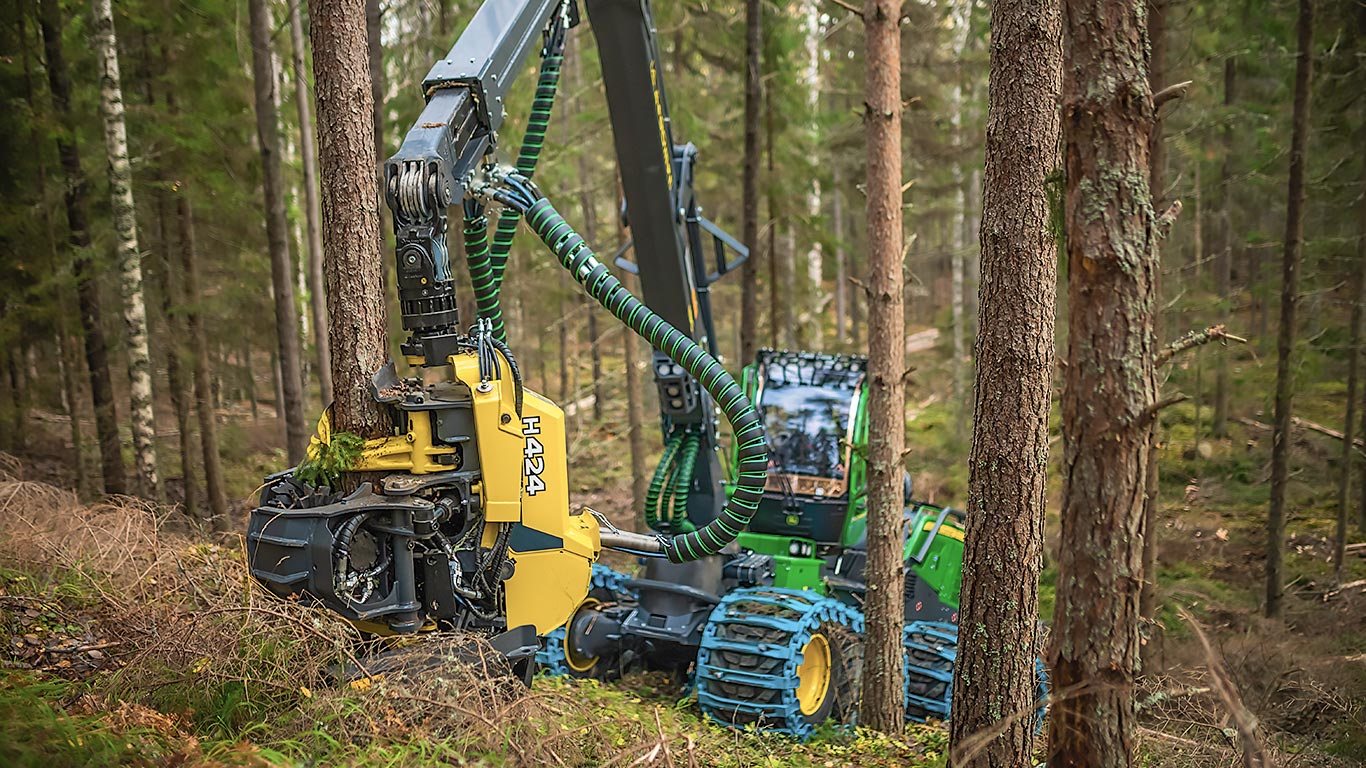 Tête d’abattage H413 John Deere en fonctionnement